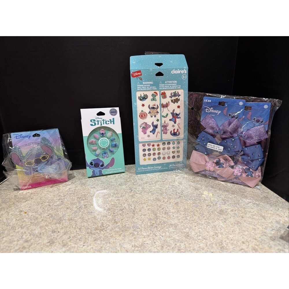 Stitch Claire's beauty pack- nails, hair clip, earring stickers, and bows